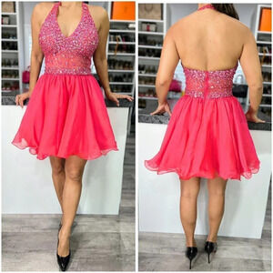 Hannah S 27074 Halter Pink Beaded Barbiecore Formal Dress $298